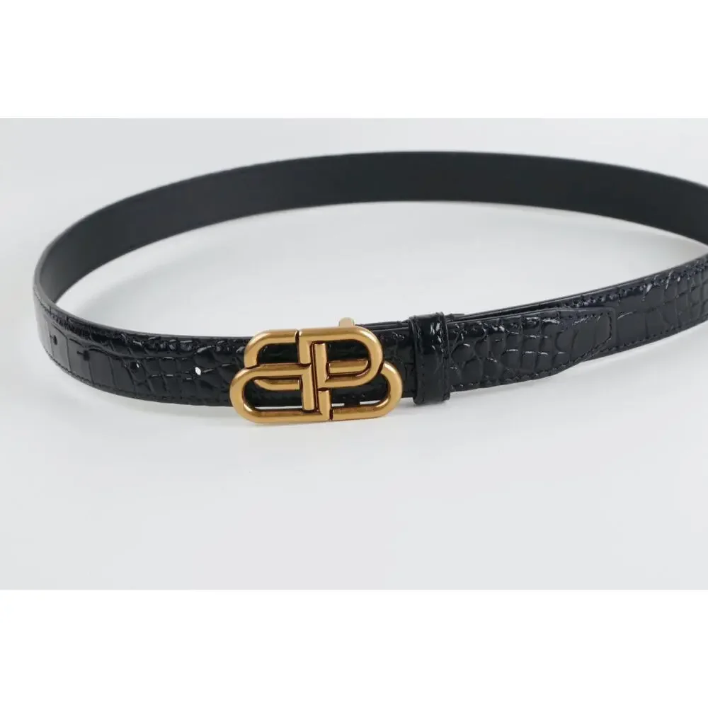 Balenciaga Black Croc Embossed Leather BB Logo Belt Antique Gold Hardware 80